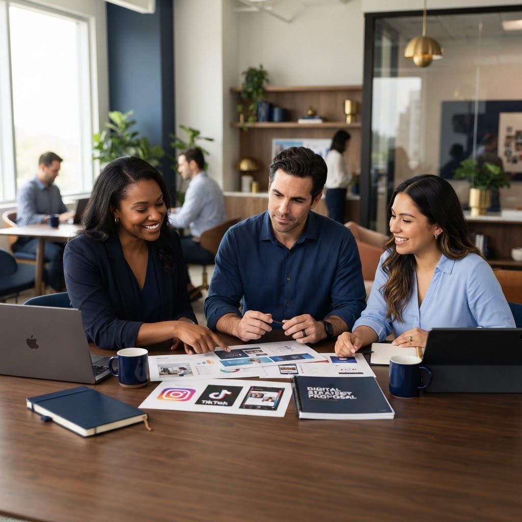 Marketing professionals reviewing a campaign proposal together