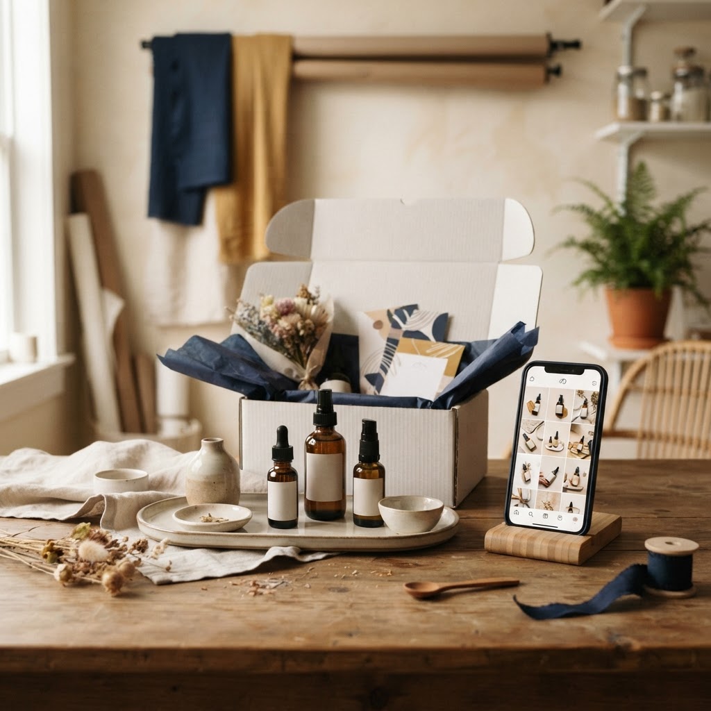 Products and packaging arranged for an online store photo shoot