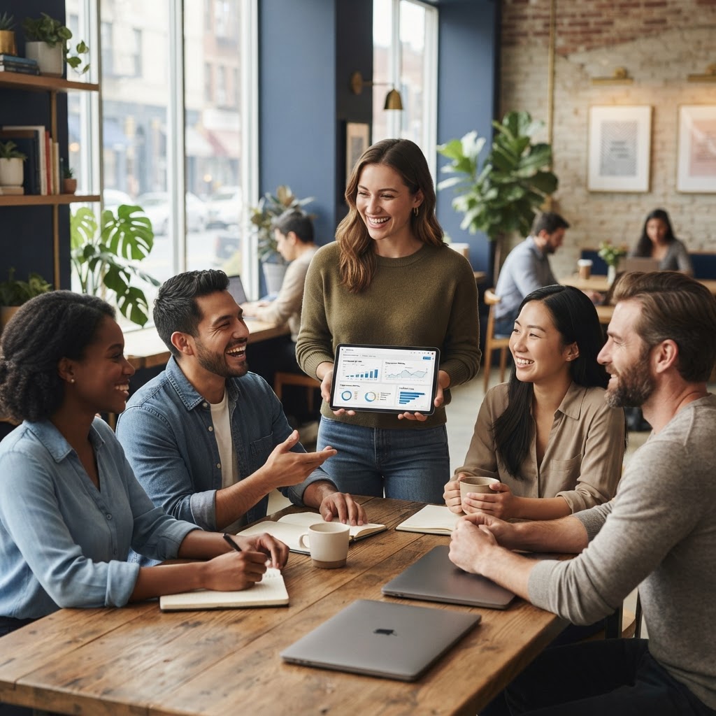 Entrepreneurs discussing ideas with a community manager