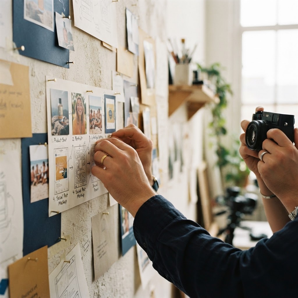 Creative director developing a campaign storyboard from sketches and photographs