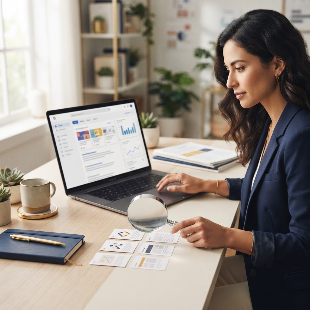 Marketer examining search results and content discovery