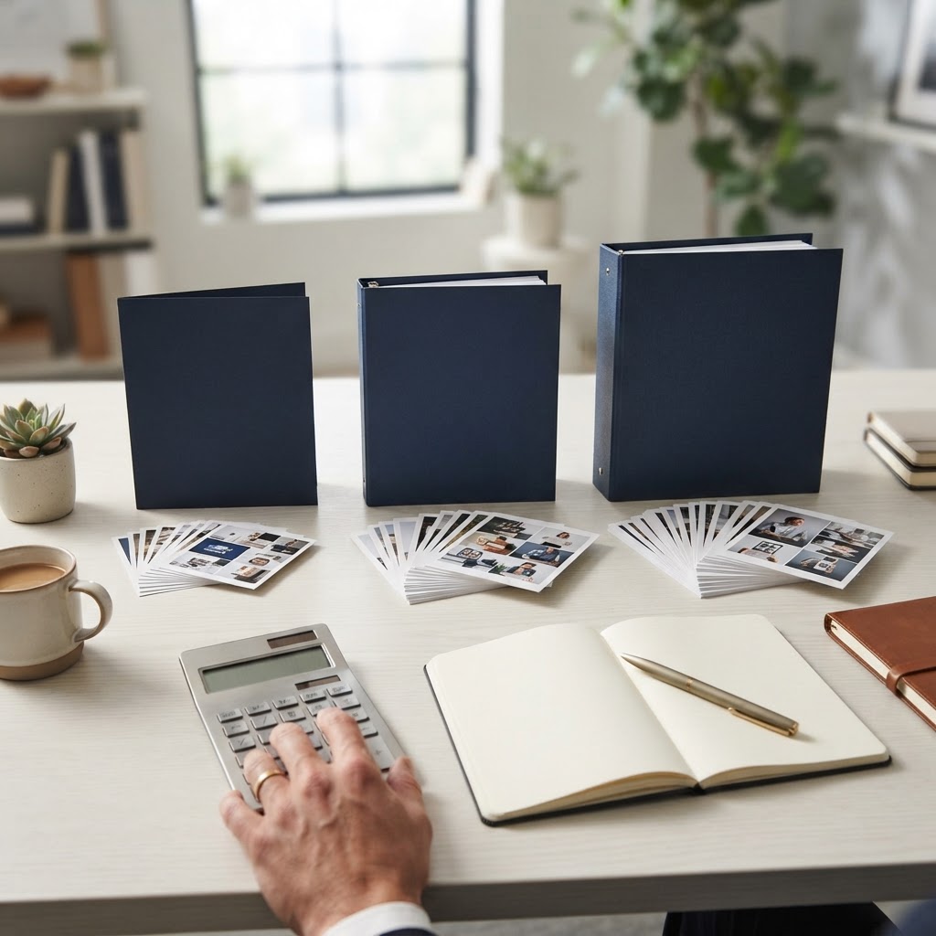 Three agency service packages compared beside a calculator and ledger