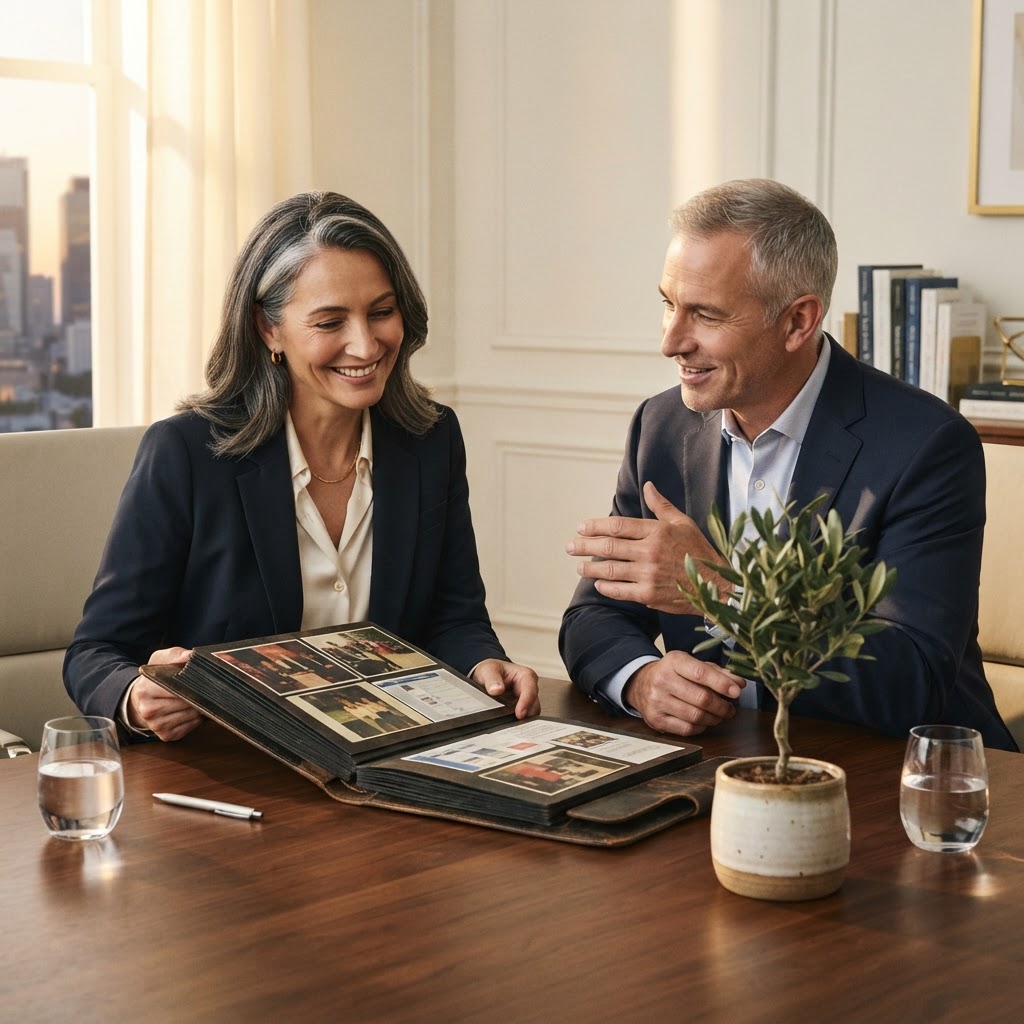 Long-term business partners reviewing their campaign portfolio beside an olive tree