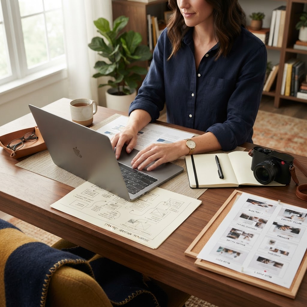 Writer developing articles and visual content at an editorial desk