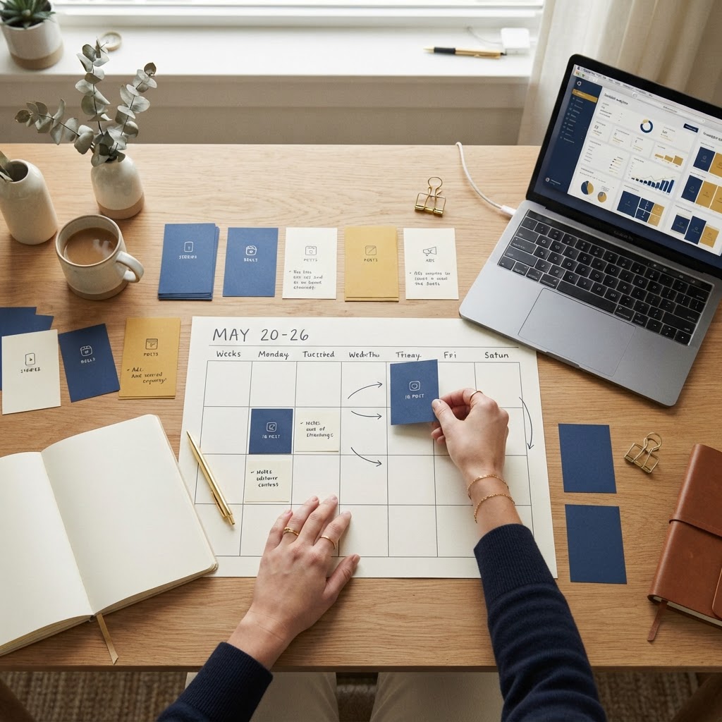 Strategist organizing a content calendar and campaign plan