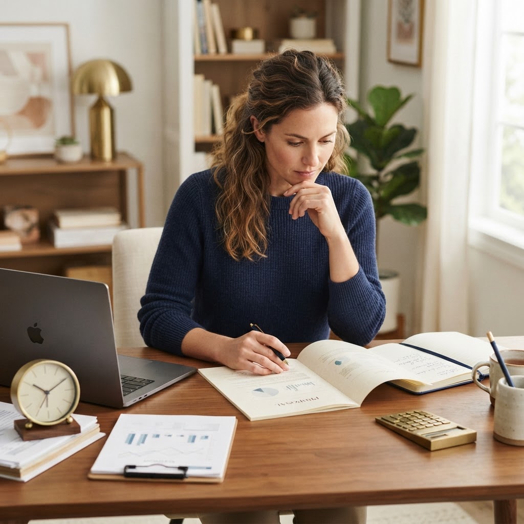 Business owner reviewing a marketing proposal and expenses