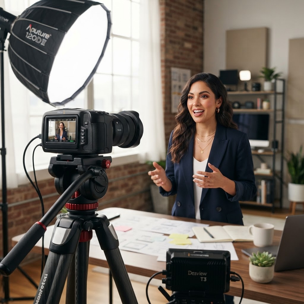 Camera and lighting setup filming a business owner