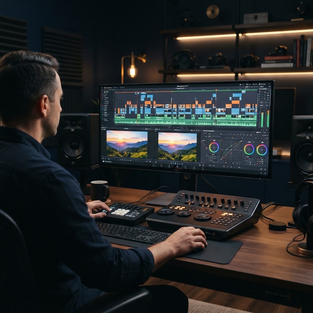 Video editor working with an editing timeline and color grading