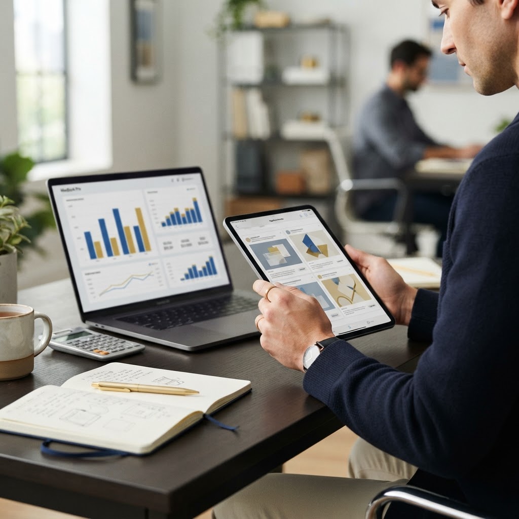 Campaign manager reviewing advertising visuals and budget charts