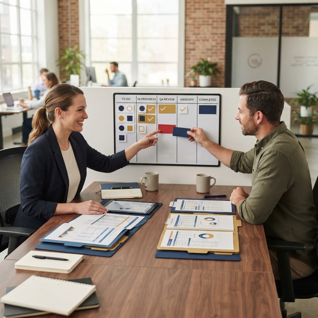 Agency operations specialists coordinating campaign deliverables and resolving a workflow bottleneck