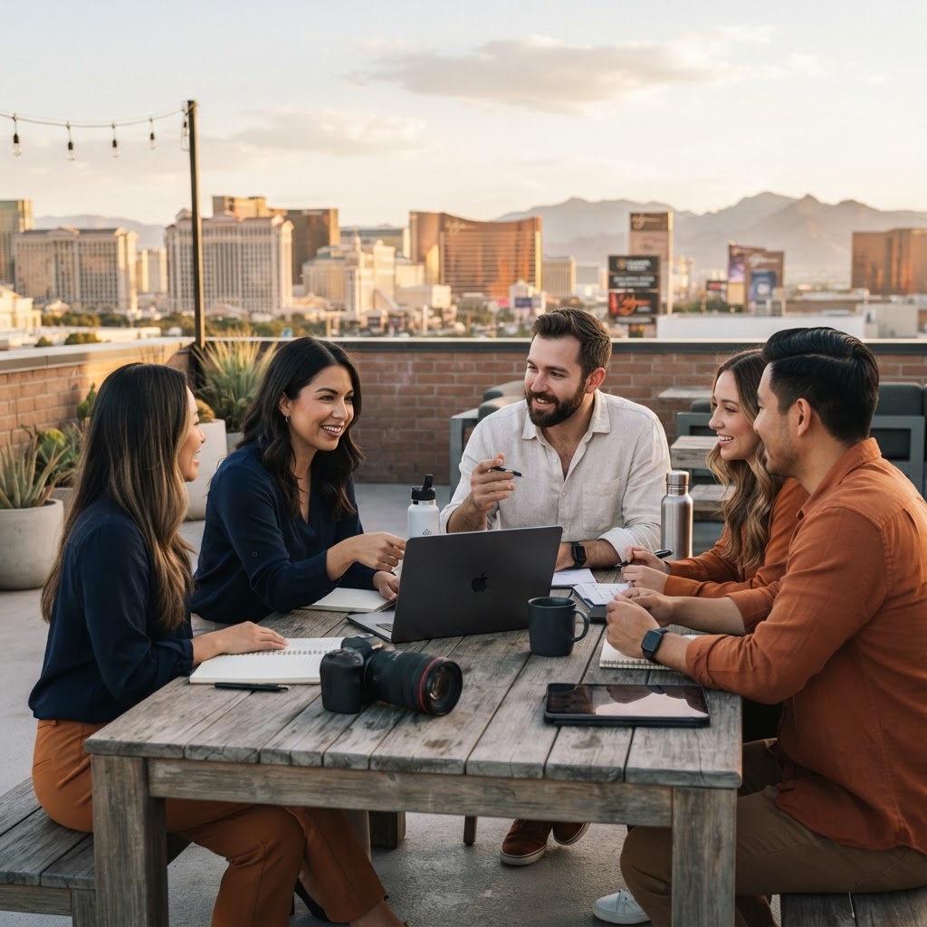 Creative team planning a campaign overlooking Las Vegas