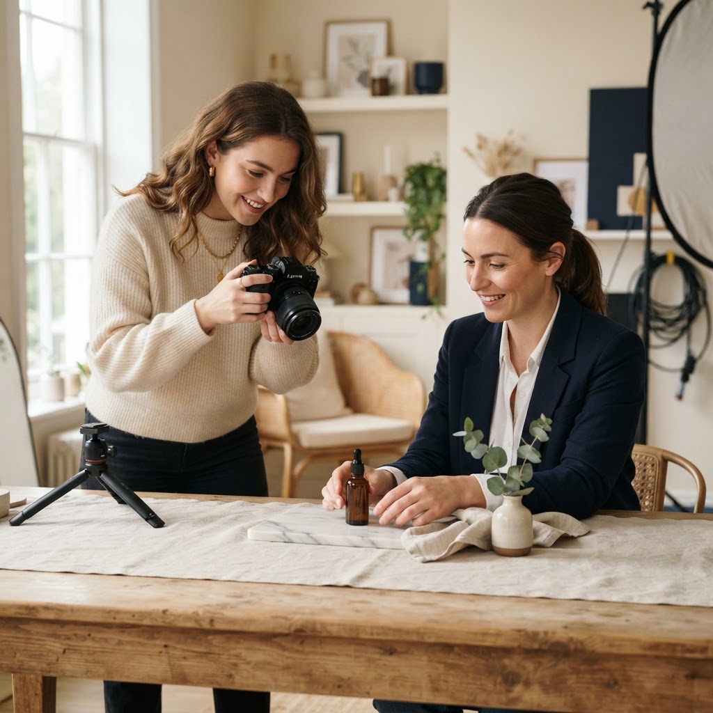 Content creators collaborating on a product photo shoot
