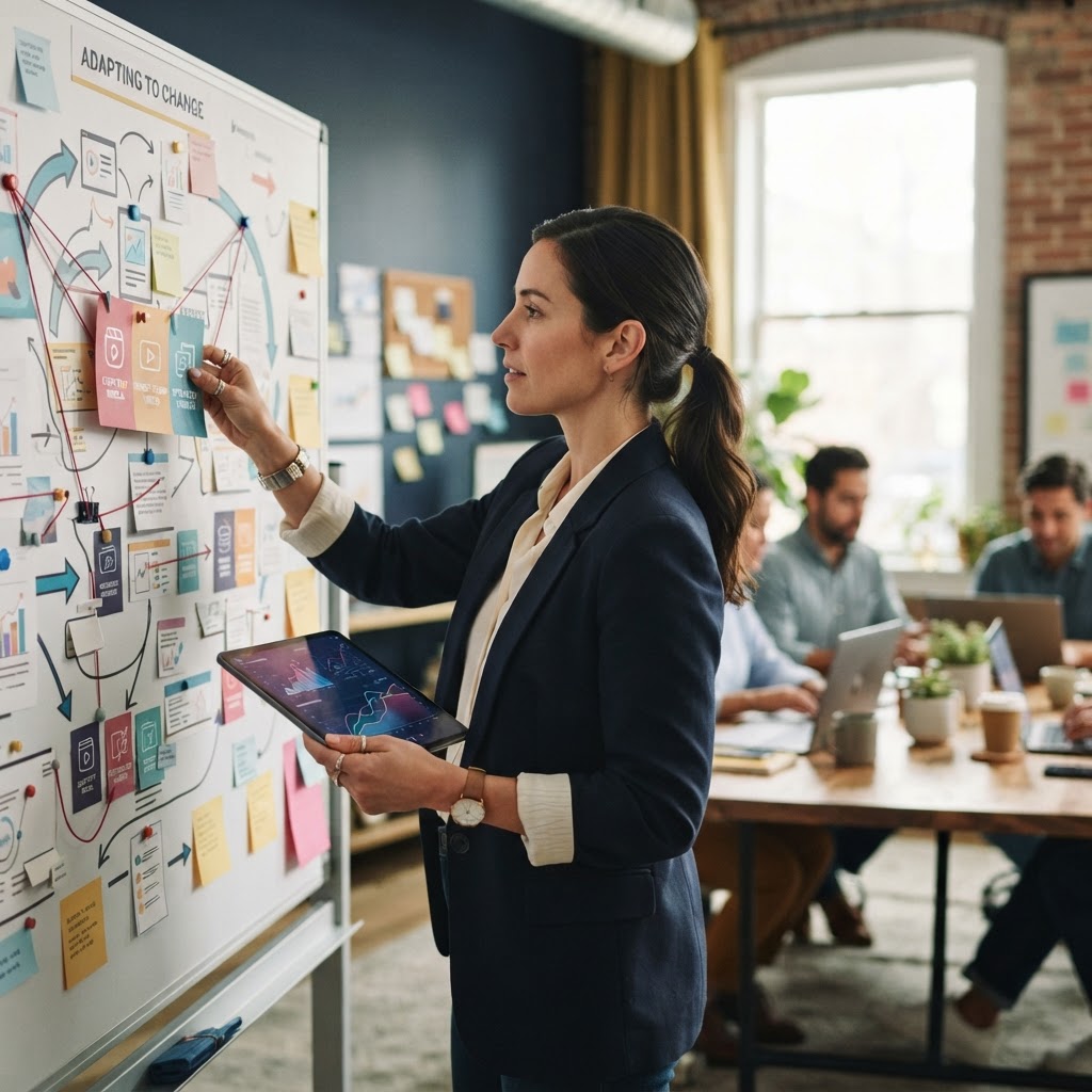 Social media strategist adjusting a visual campaign plan in response to new trends