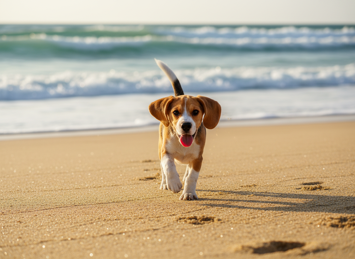 Happy dog at the beach enjoying a sunny day