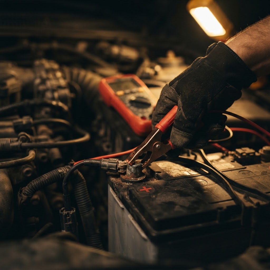 Testing a car battery with a multimeter before replacement in Dubai