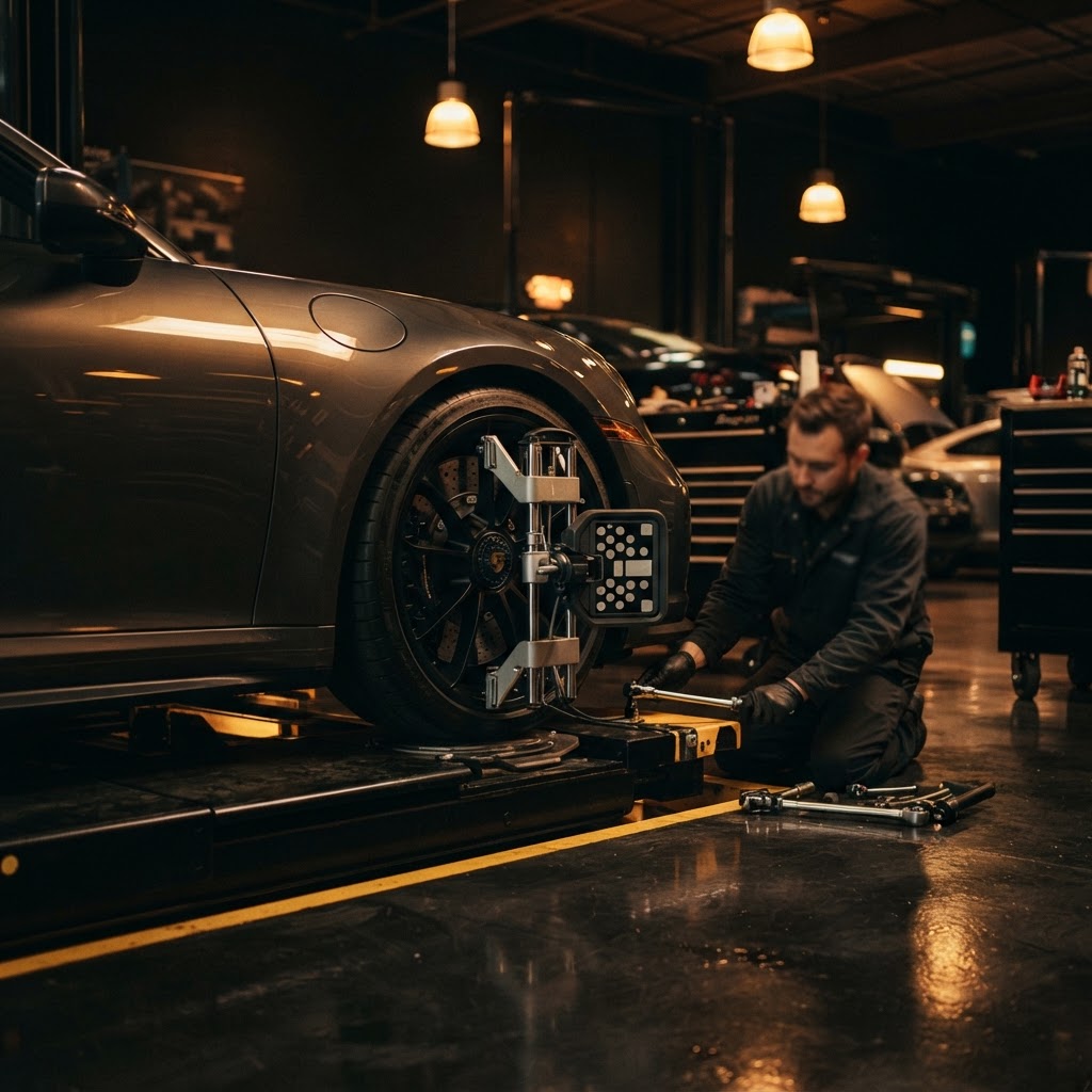 Luxury car on a wheel alignment rig during a major car service in Dubai