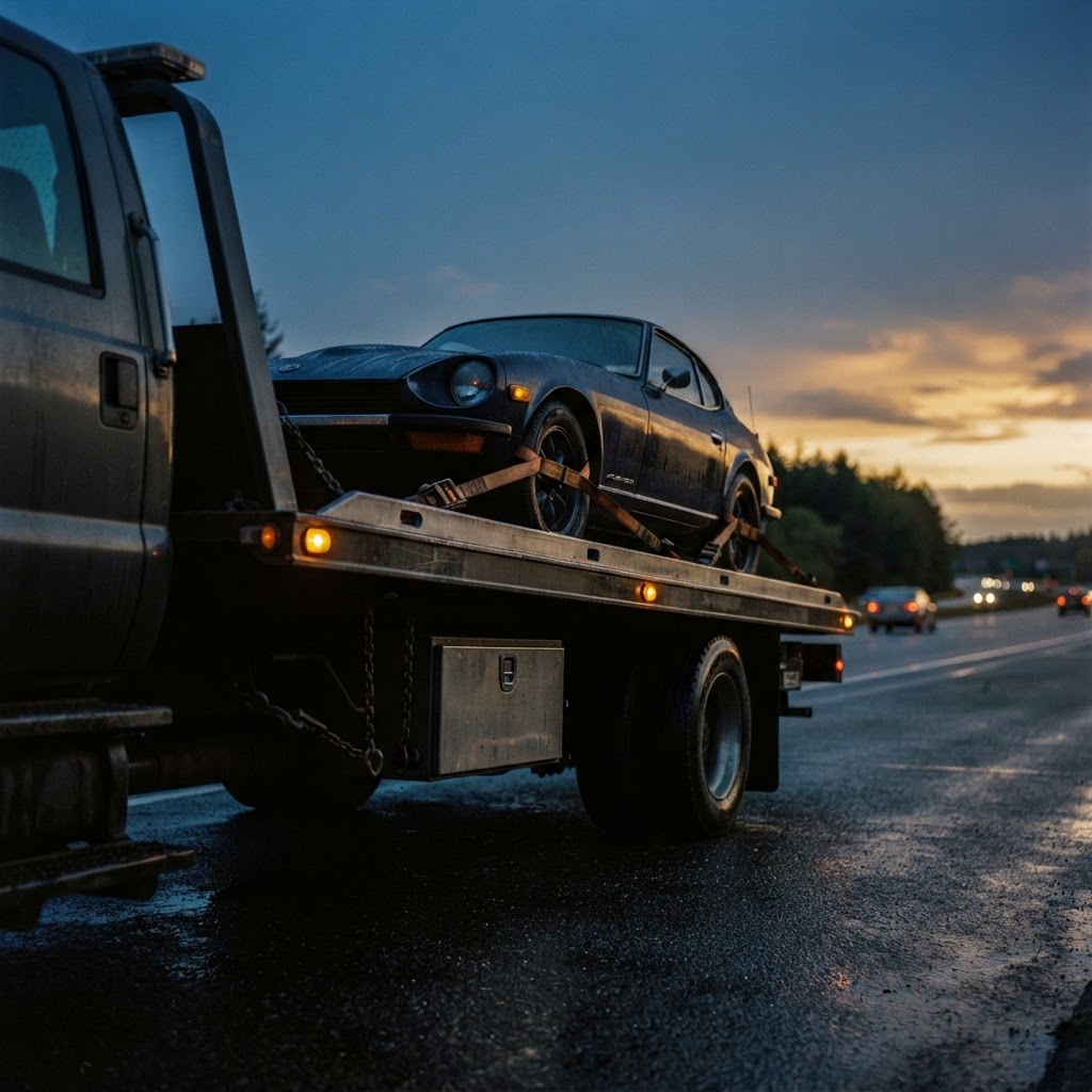 Car strapped securely onto a flatbed recovery truck in Dubai