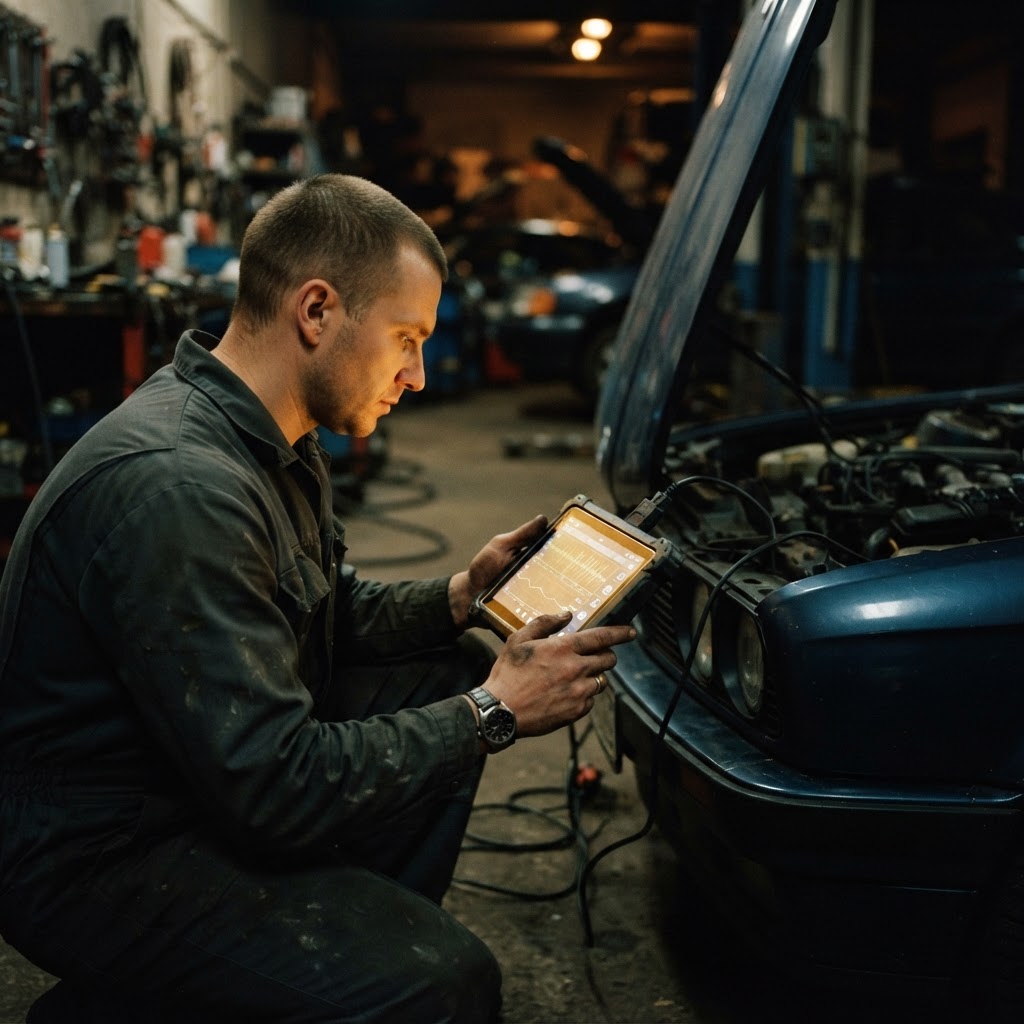 Technician running computer diagnostics during general car repair in Dubai