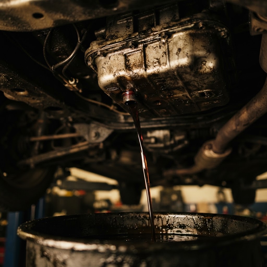 Draining used transmission fluid during a gearbox service in Dubai