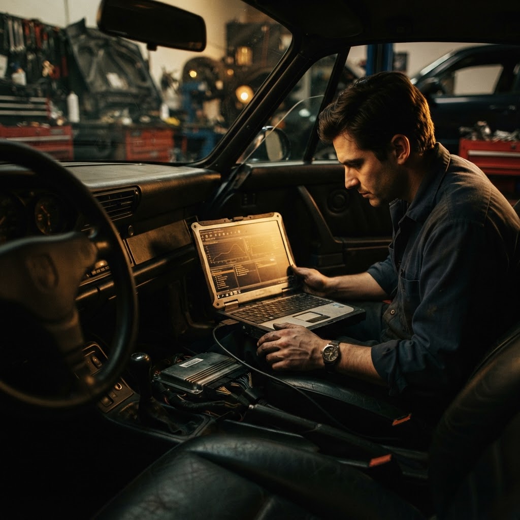 Mechanic running computer diagnostics on a car transmission in Dubai
