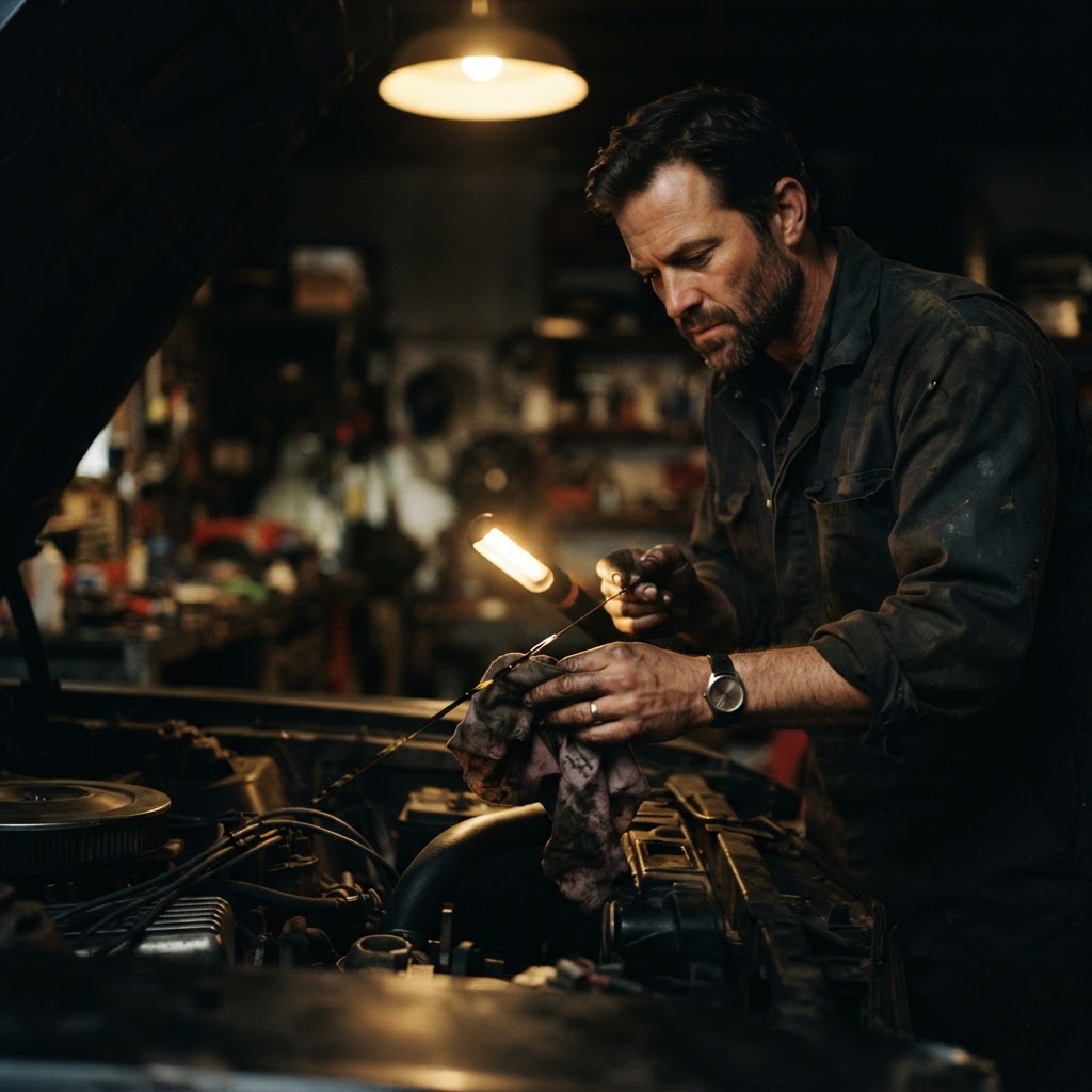 Technician checking the engine oil level on the dipstick after an oil change in Dubai