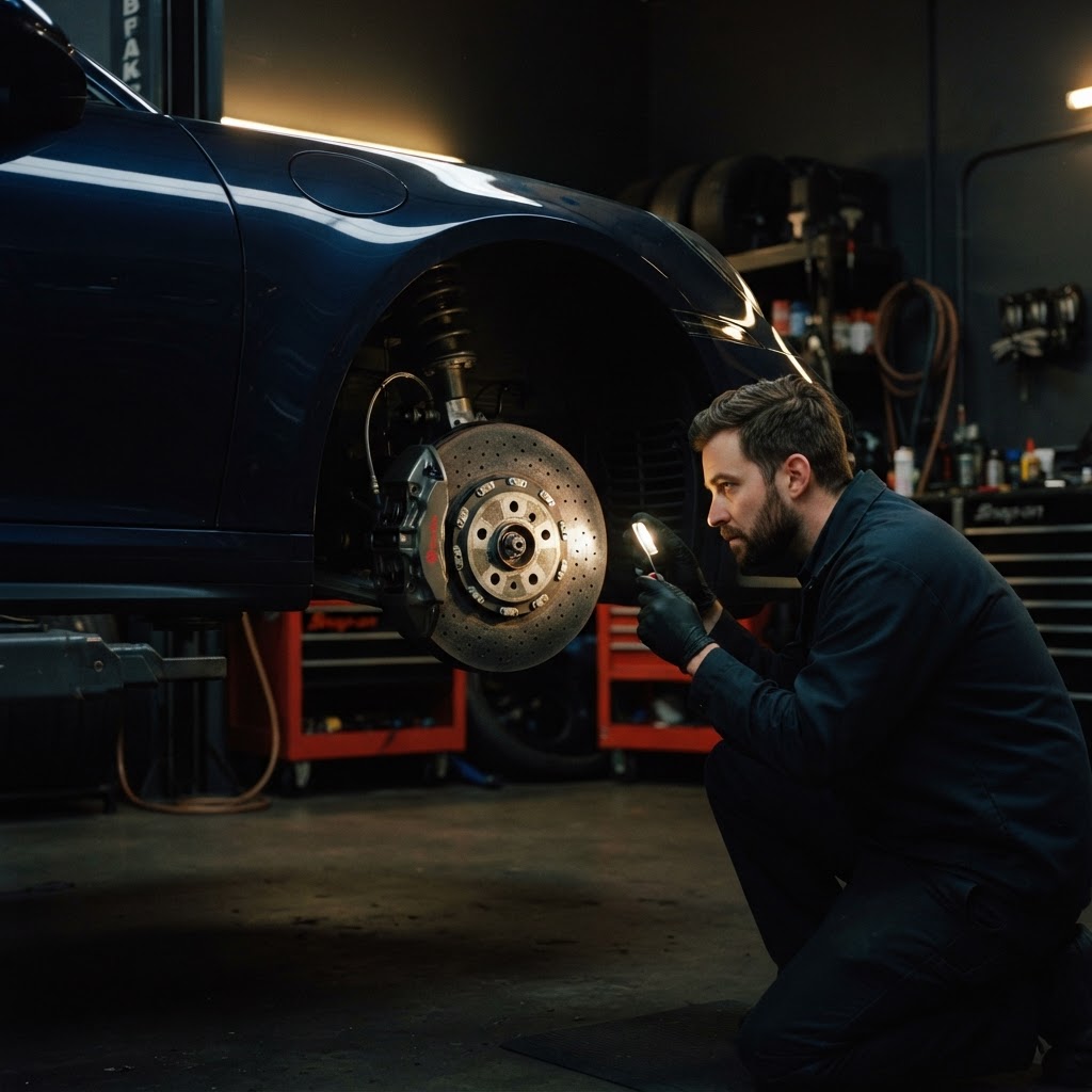 Inspecting brake discs and calipers during a major car service in Dubai