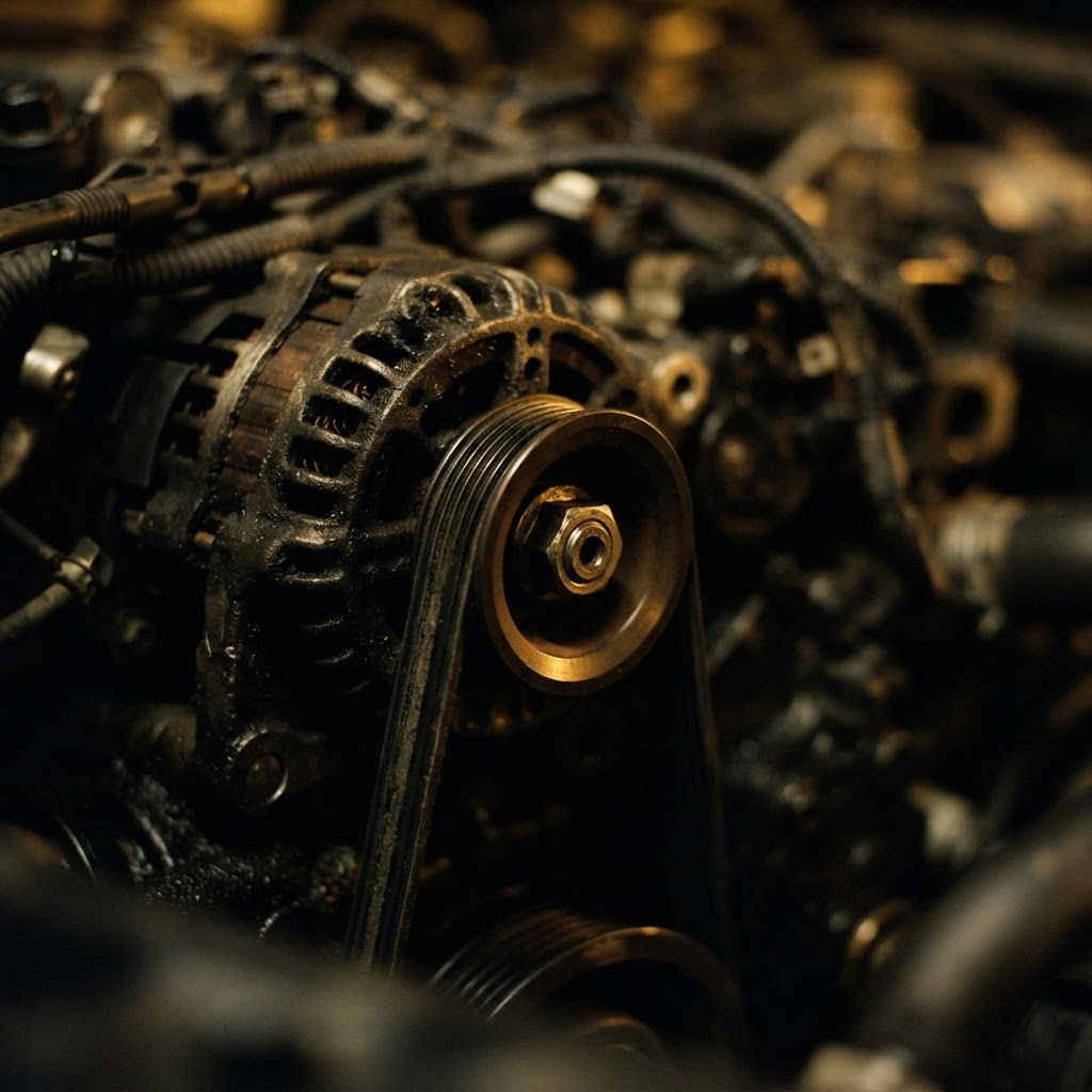 Serpentine belt and alternator pulley inspected during alternator replacement in Dubai