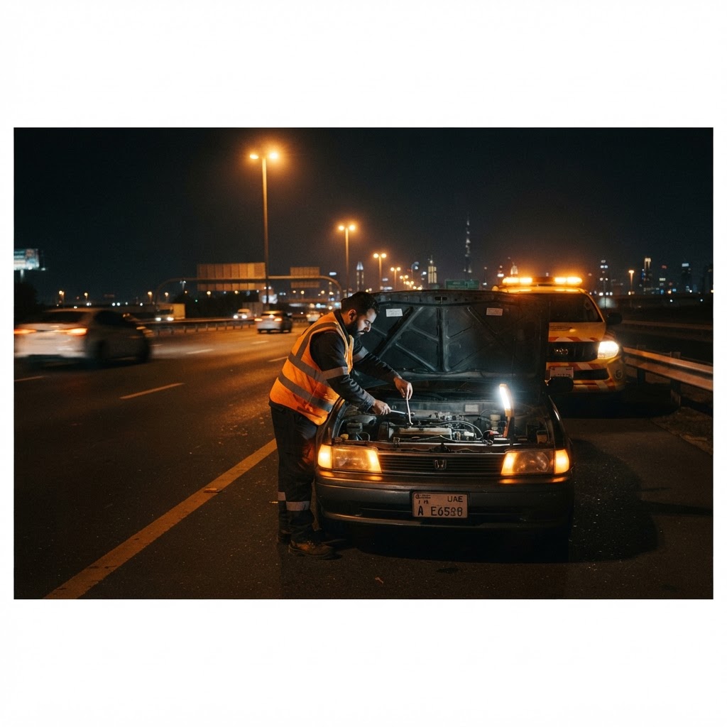 Roadside recovery technician beside a broken-down car at night in Dubai