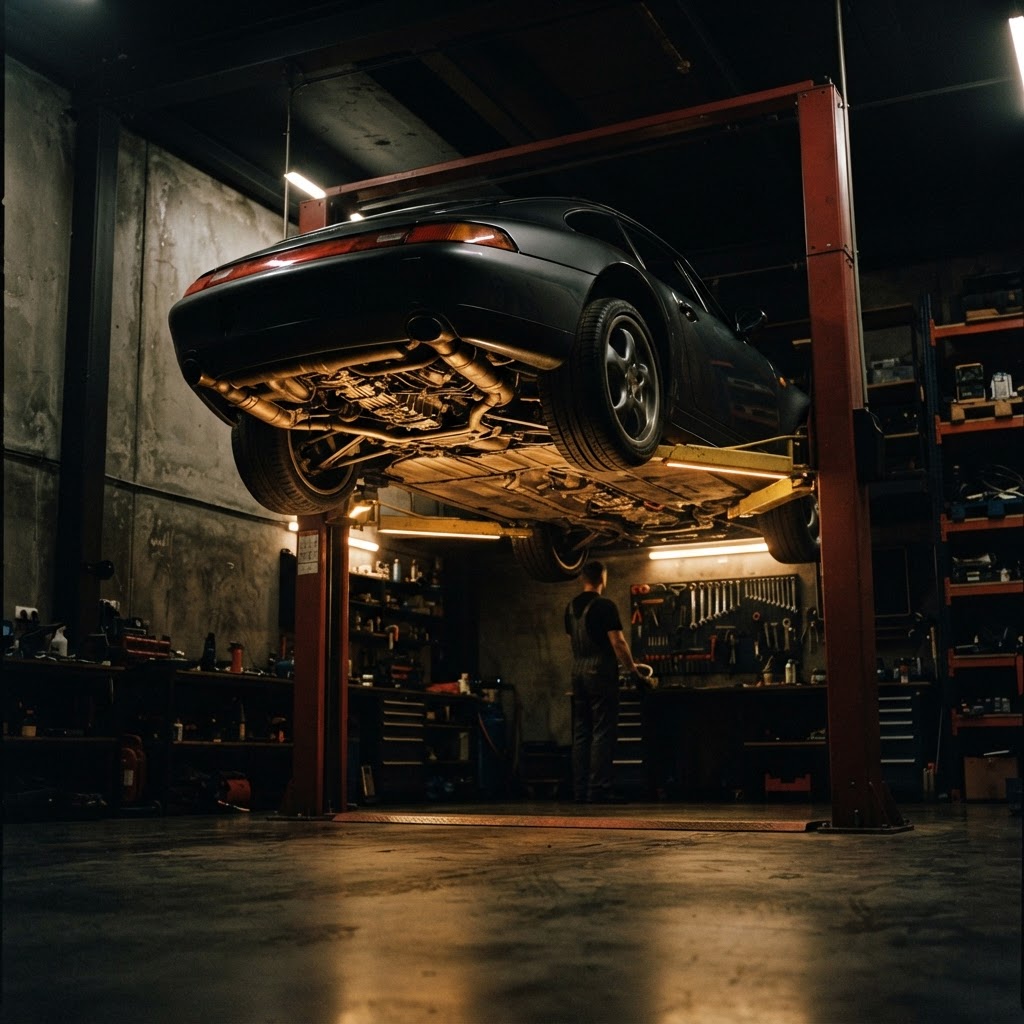 Car raised on a lift with its undercarriage inspected during general repair in Dubai