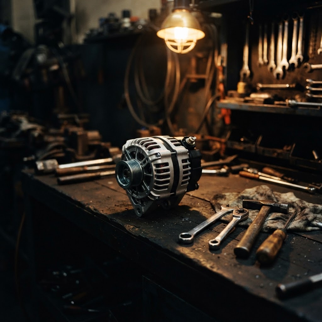 A new car alternator unit ready for fitting in a Dubai workshop