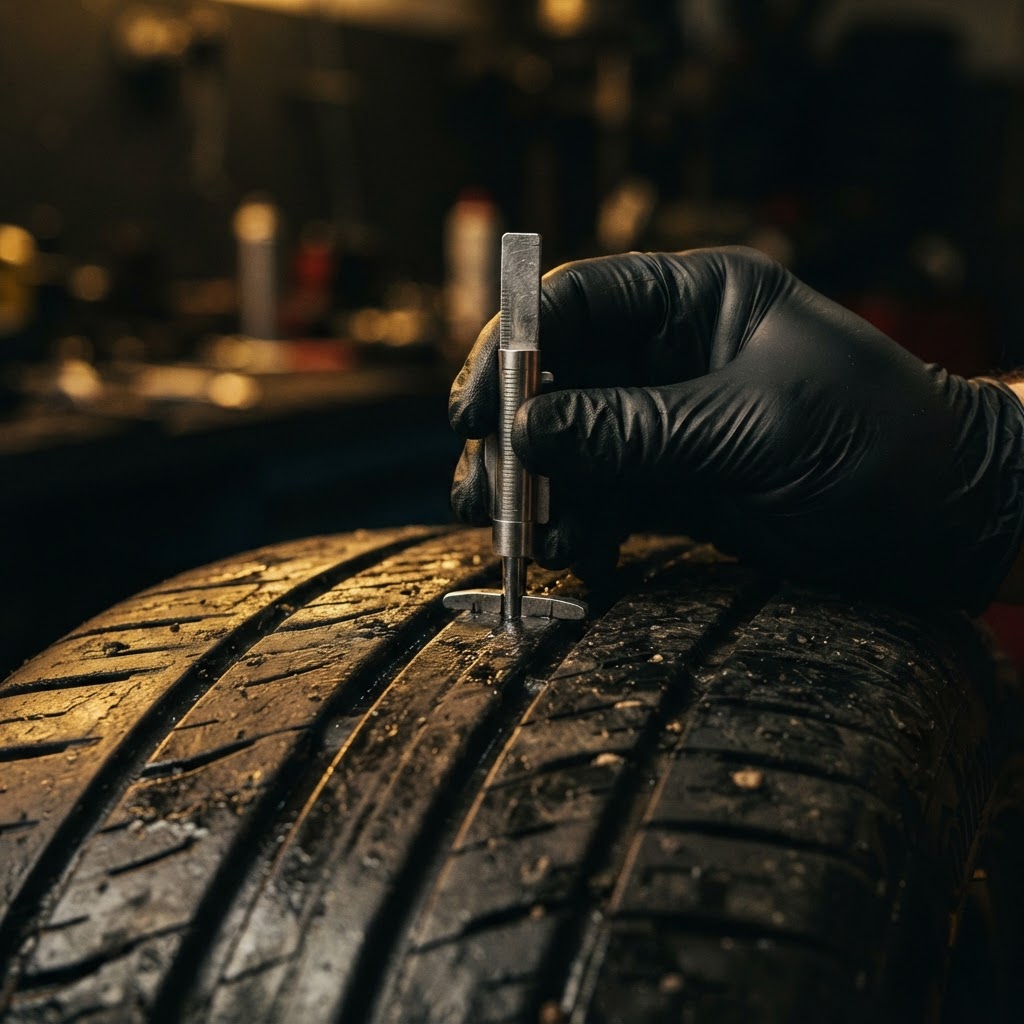 Checking tyre tread depth with a gauge during a tyre service in Dubai