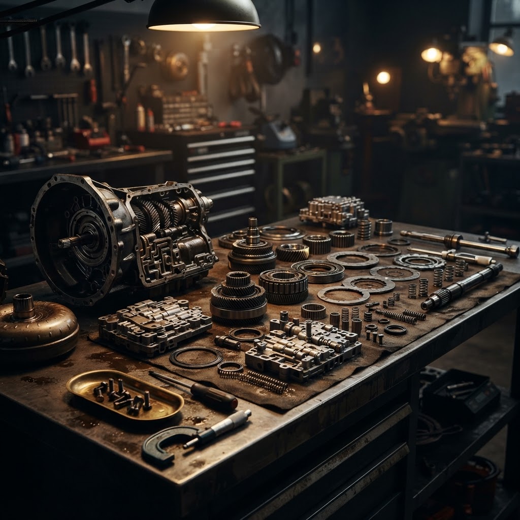 Disassembled automatic car gearbox on a workbench during transmission repair in Dubai