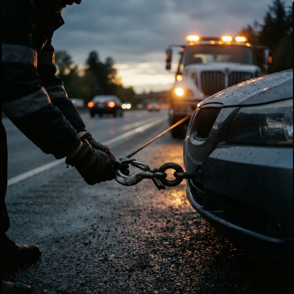 Tow truck winch cable being attached to a car during recovery in Dubai
