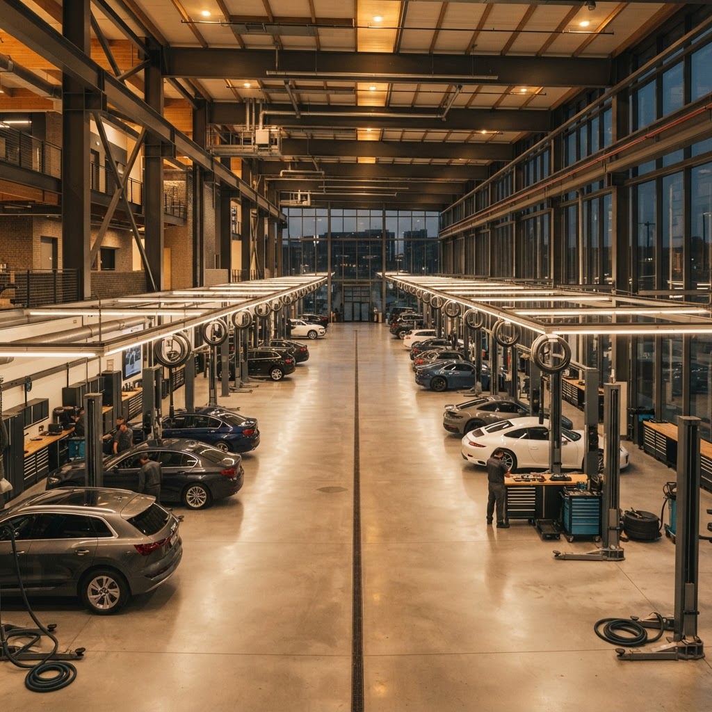 Rows of service bays inside the 800FixMyCar car service centre in Dubai