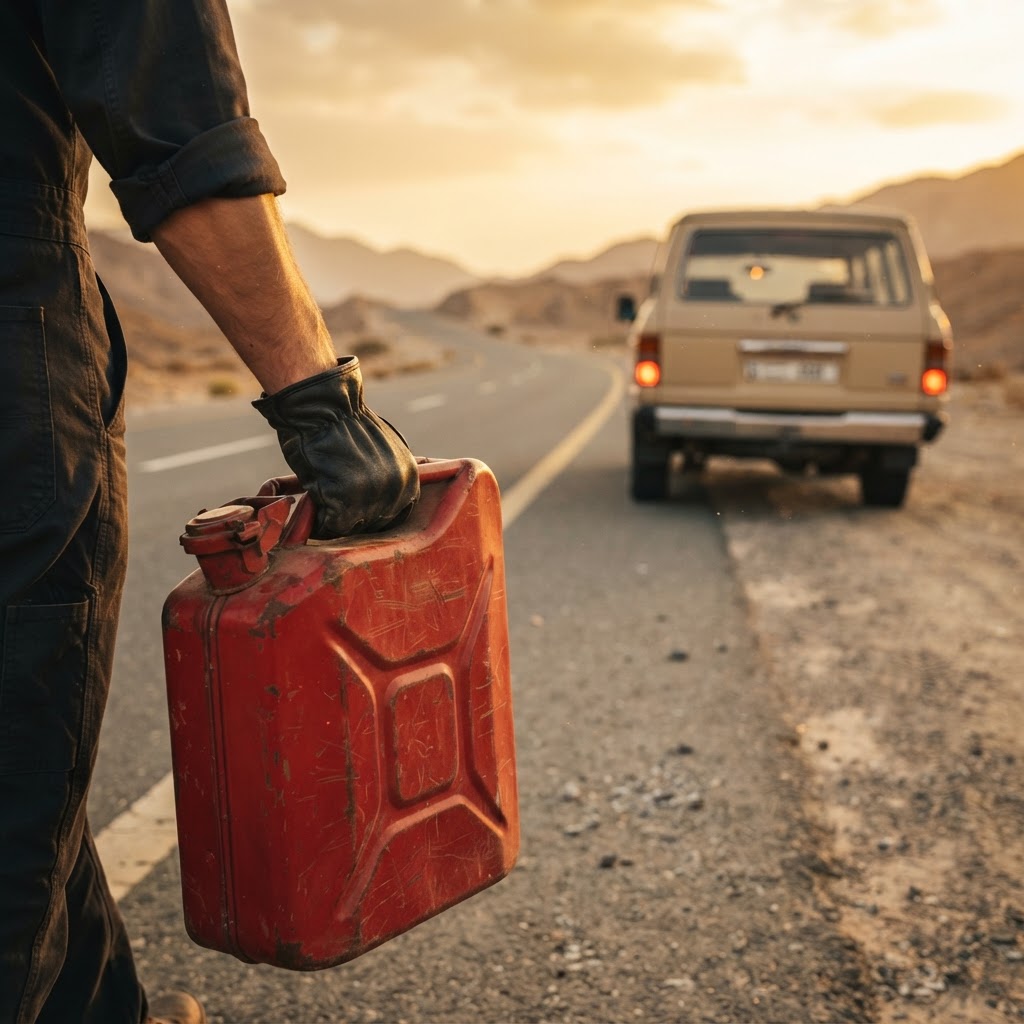 Technician carrying a fuel jerrycan to a stranded car in Dubai