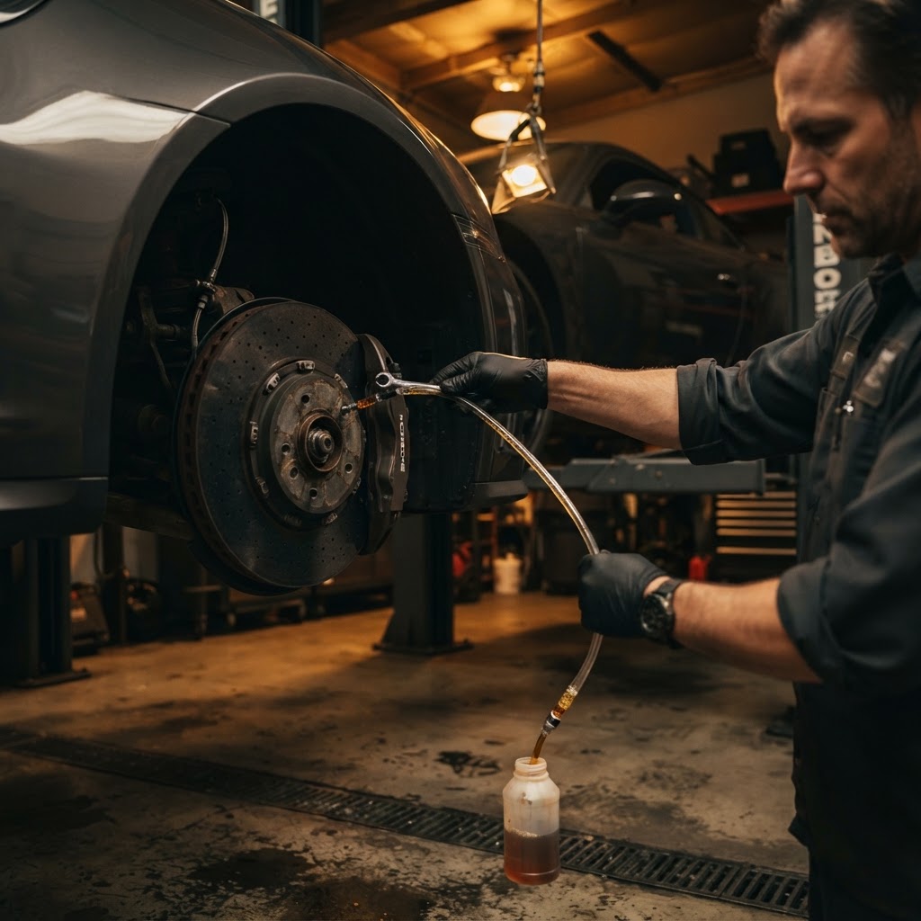 Bleeding brake fluid at a caliper during a brake service in Dubai