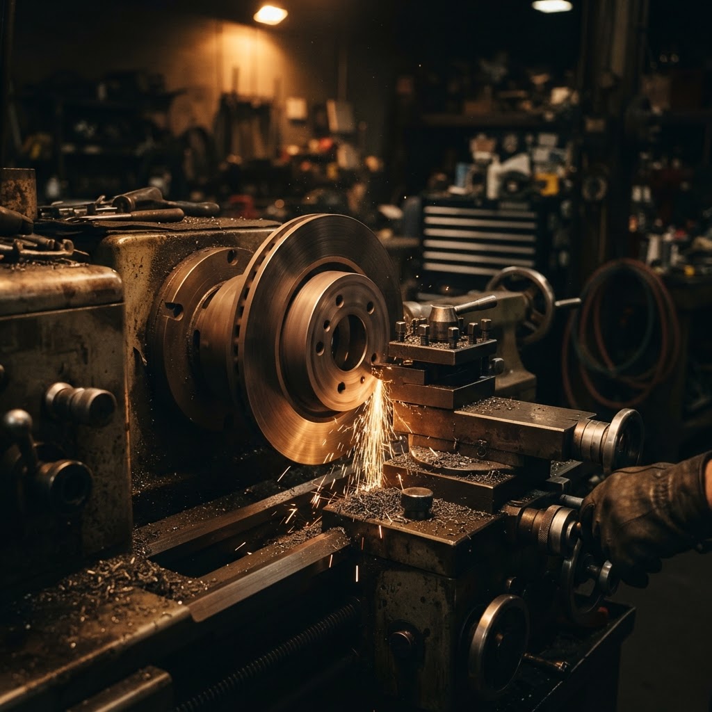 Brake disc rotor being resurfaced on a brake lathe in Dubai