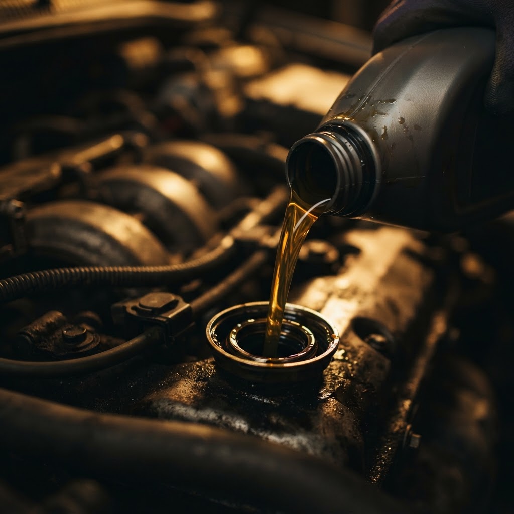 Pouring fresh engine oil into a car engine during an oil change in Dubai
