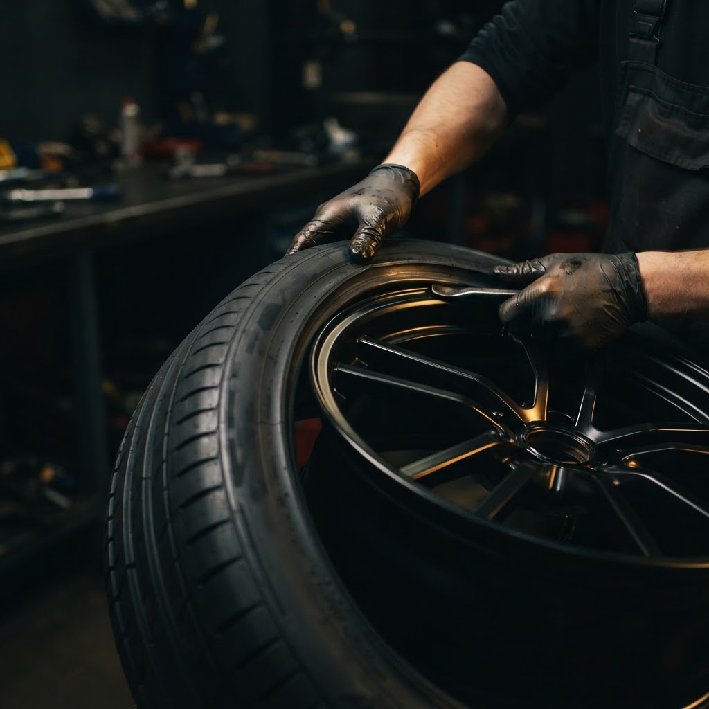 Fitting a new tyre onto an alloy wheel during mobile tyre replacement in Dubai