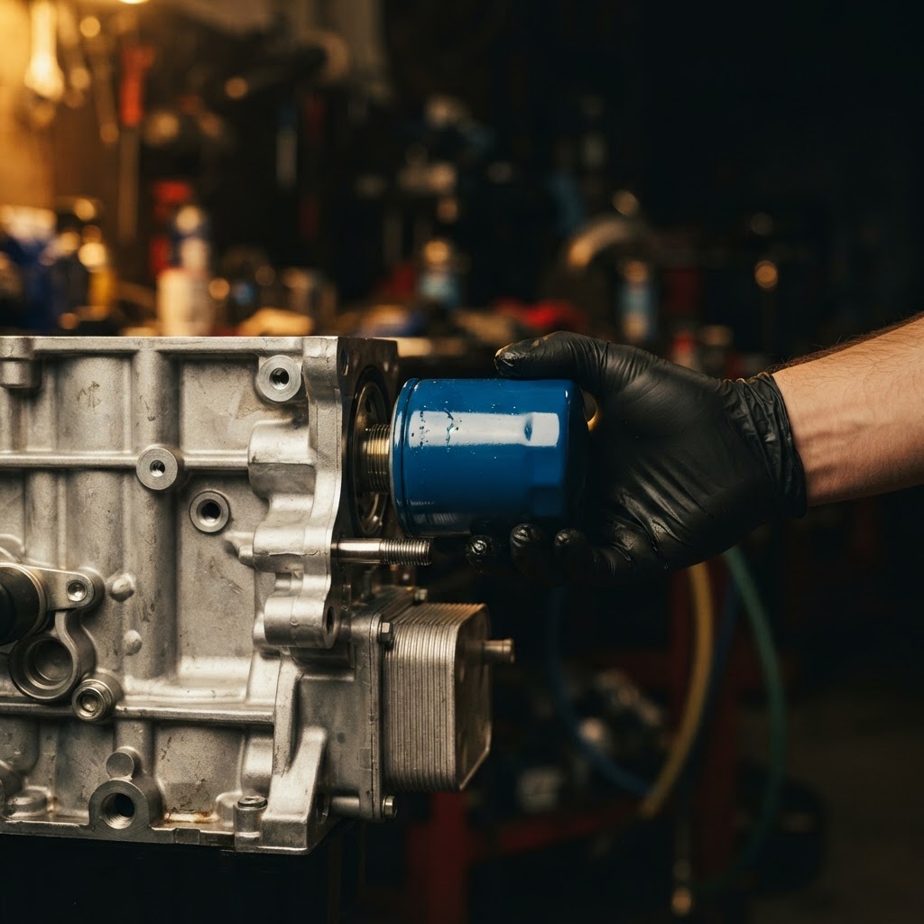 Fitting a brand new engine oil filter during a minor car service in Dubai