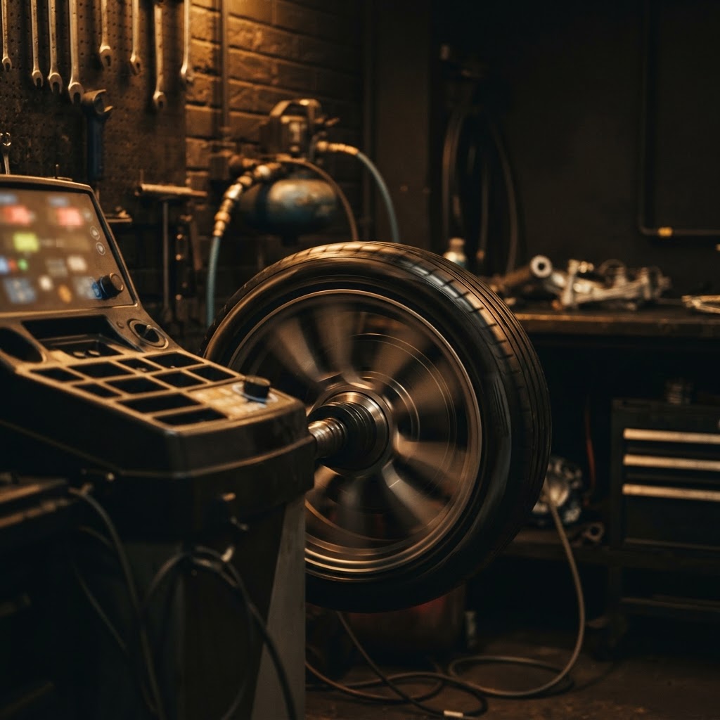 Car wheel spinning on a wheel balancing machine in a Dubai tyre workshop