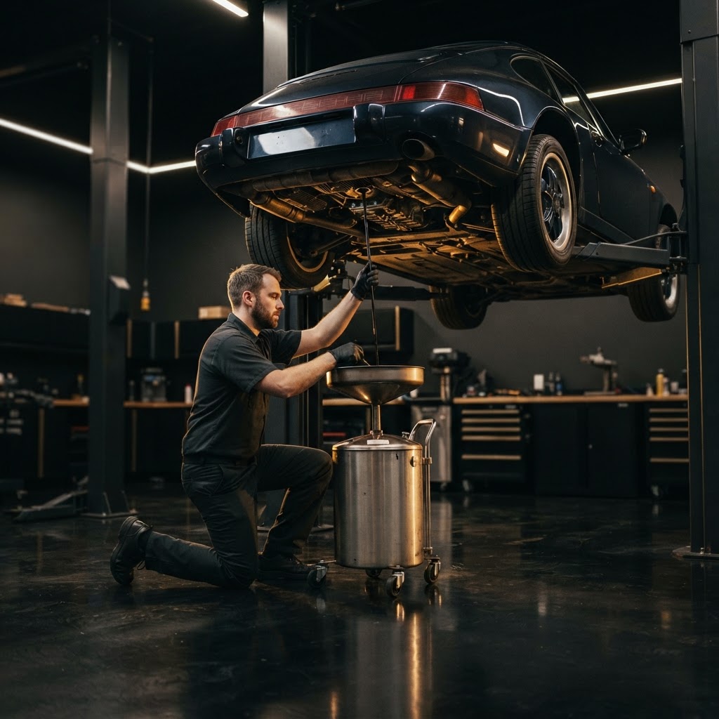 Technician draining used engine oil from a car on a lift during a minor car service in Dubai