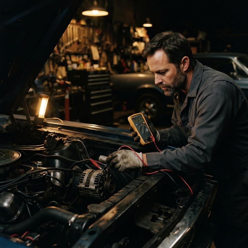 Multimeter testing the charging output of a car alternator in Dubai