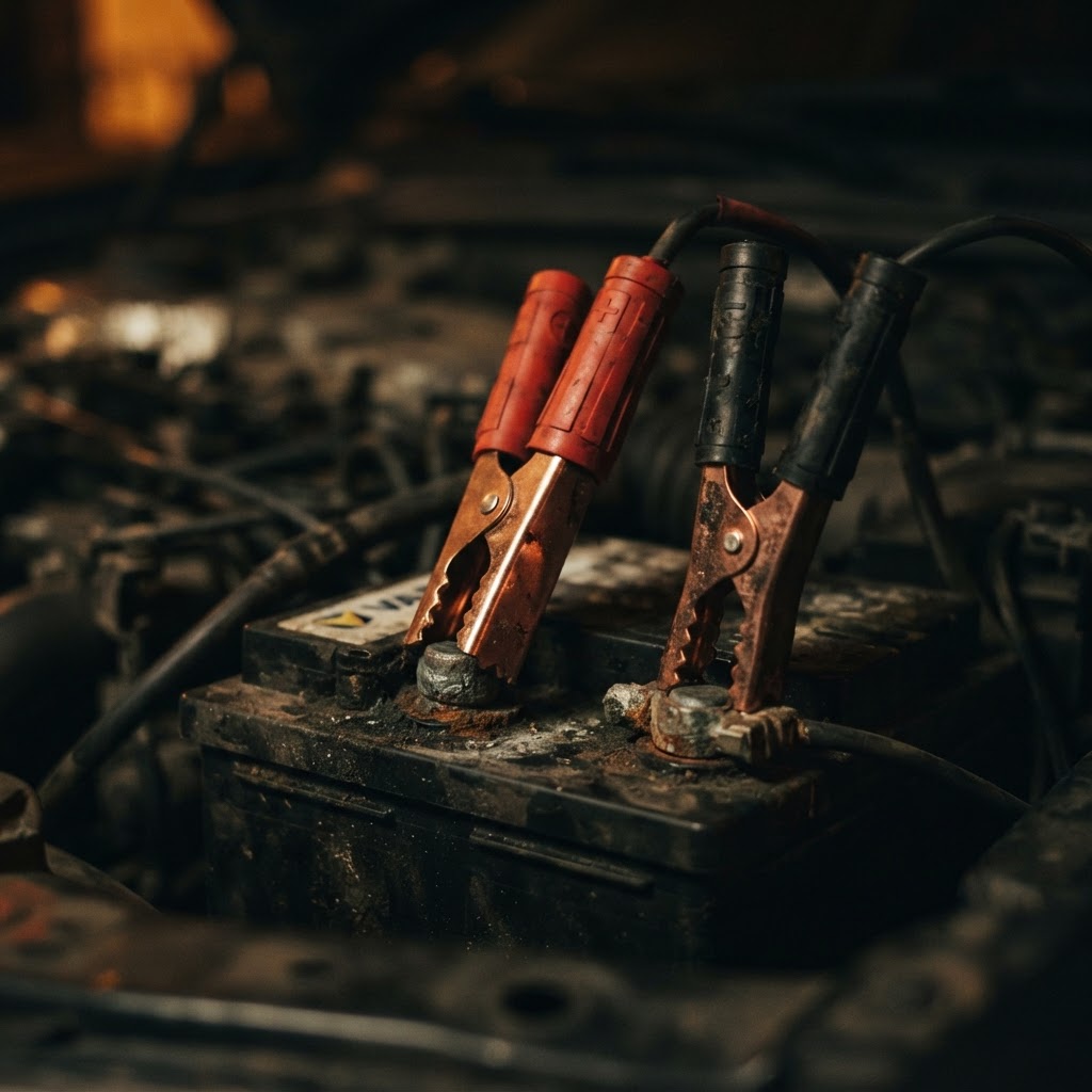 Jump leads being connected to a car battery for a jump start in Dubai