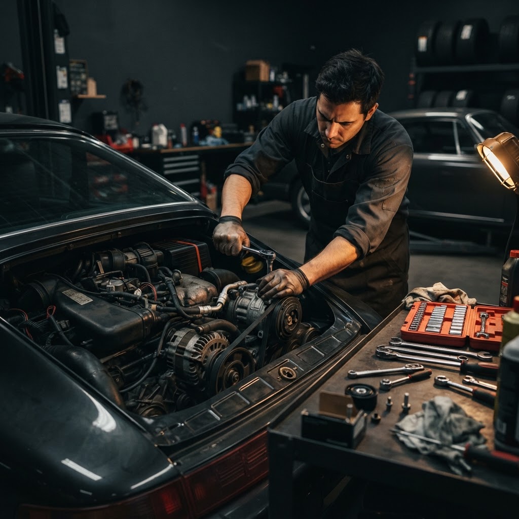 Mechanic replacing a car AC compressor in Dubai