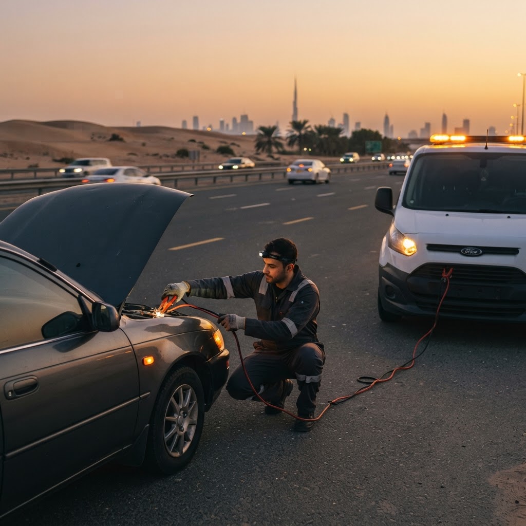 Roadside assistance technician jump-starting a car on a UAE highway at dusk