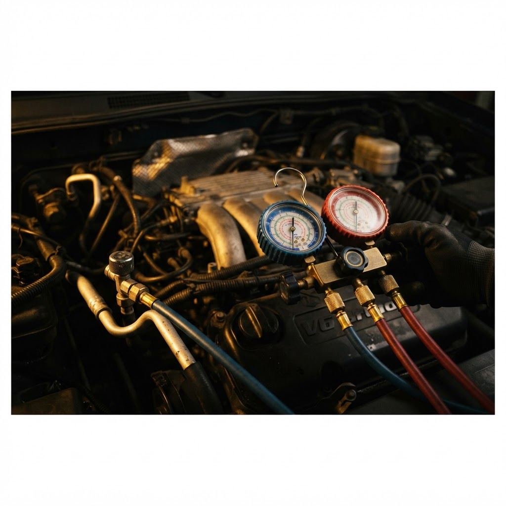 AC refrigerant recharge manifold gauges connected to a car in Dubai