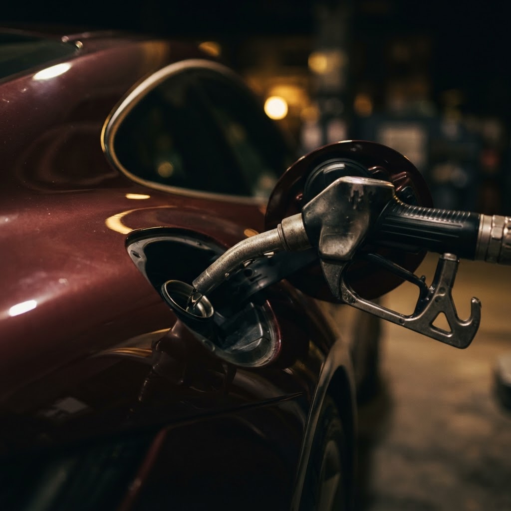 Refuelling a car's tank on site during an emergency fuel delivery in Dubai