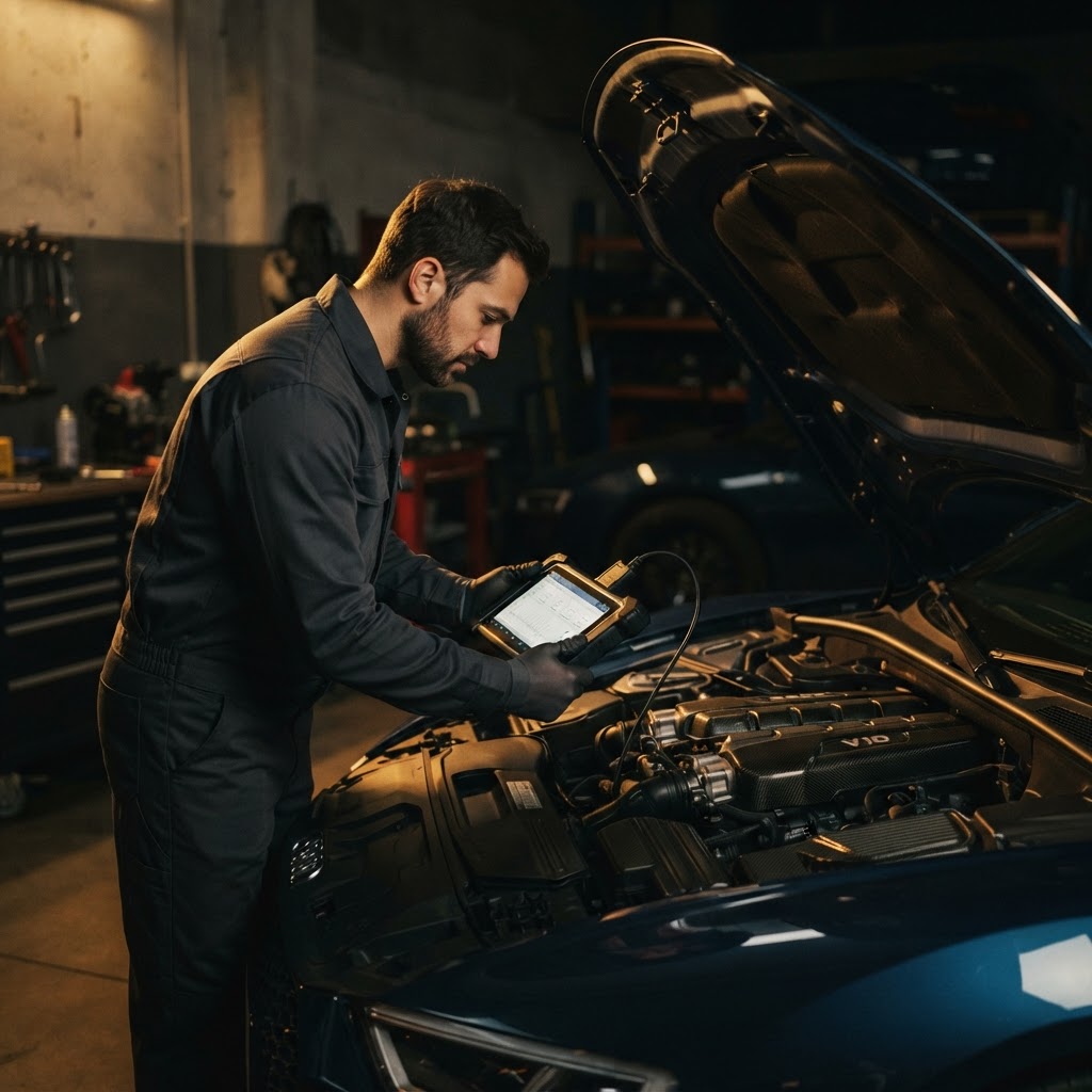 Mechanic running a full computer diagnostic scan on a car in Dubai