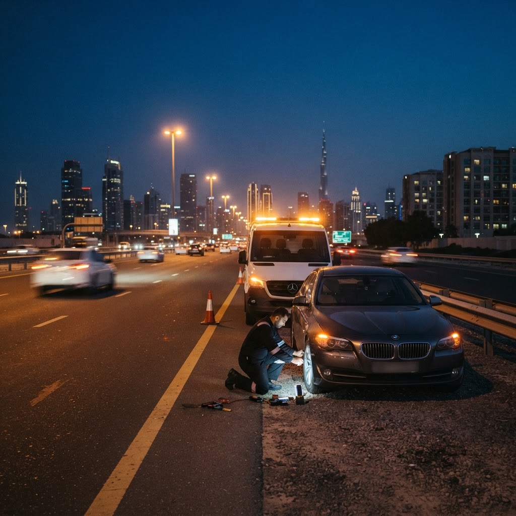 Roadside assistance van with hazard lights at night on a UAE highway